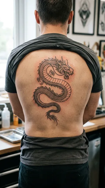 Black and white linework dragon tattoo on a man's back