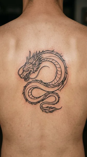 Black and white linework dragon tattoo on a man's back