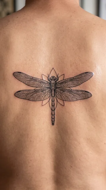 Black and white linework dragonfly tattoo on a man's back