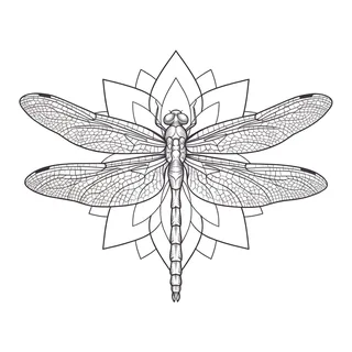 Black and white linework dragonfly tattoo design, outline stencil for a back tattoo