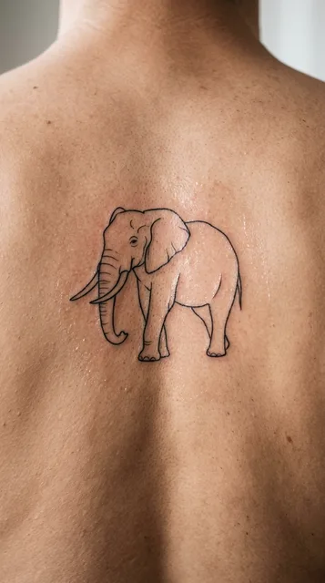 Black and white linework elephant tattoo on a man's back