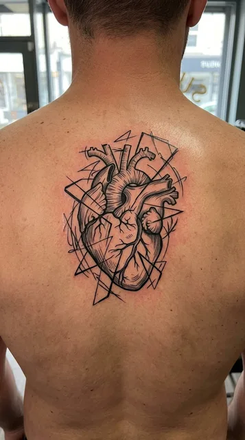 Black and white linework heart tattoo on a man's back