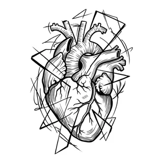 Black and white linework heart tattoo design, outline stencil for a back tattoo