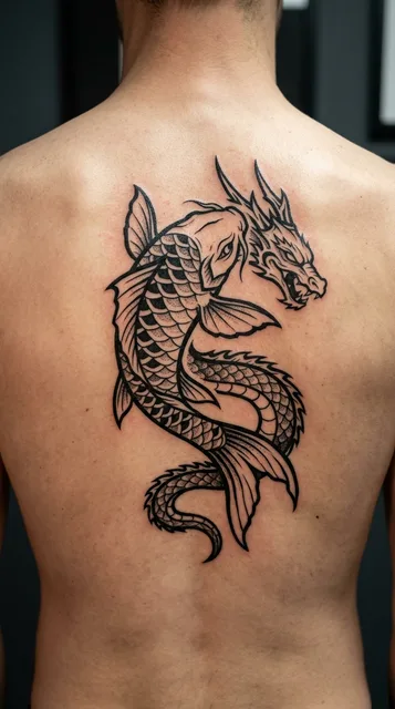 Black and white linework koi tattoo on a man's back