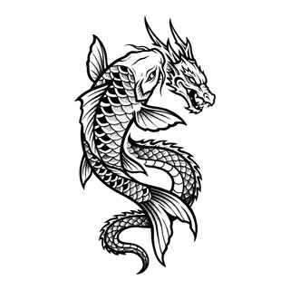 Black and white linework koi tattoo design, outline stencil for a back tattoo