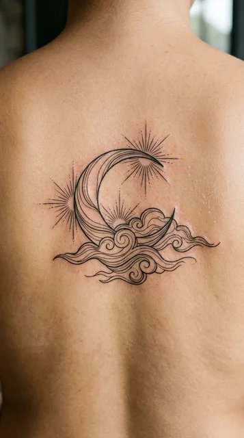 Black and white linework moon tattoo on a woman's back