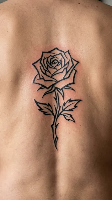 Black and white linework rose tattoo on a man's back