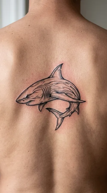 Black and white linework shark tattoo on a man's back