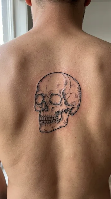 Black and white linework skull tattoo on a man's back