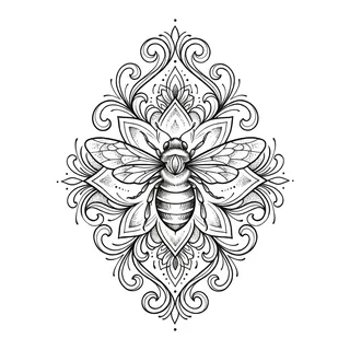 Black and grey ornamental bee tattoo design, drawn flat for a back tattoo