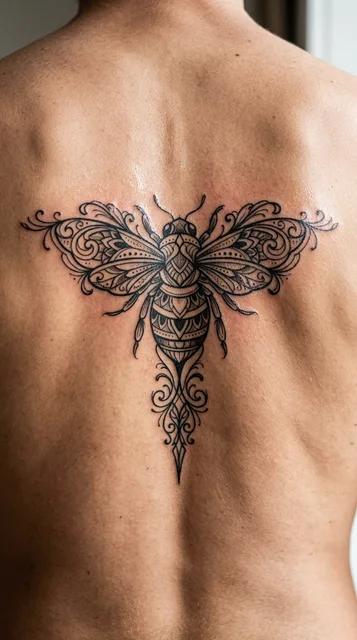 Black and grey ornamental bee tattoo on a man's back