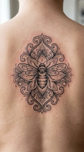 Black and grey ornamental bee tattoo on a woman's back