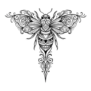 Black and grey ornamental bee tattoo design, drawn flat for a back tattoo