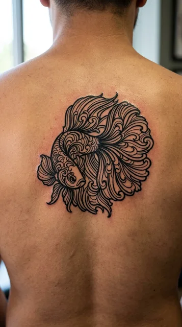 Black and grey ornamental betta fish tattoo on a man's back