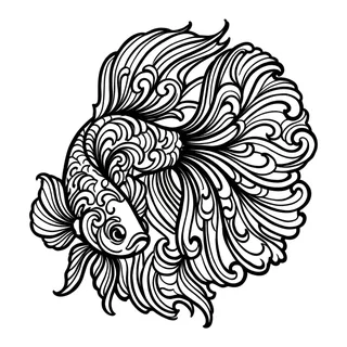 Black and grey ornamental betta fish tattoo design, drawn flat for a back tattoo