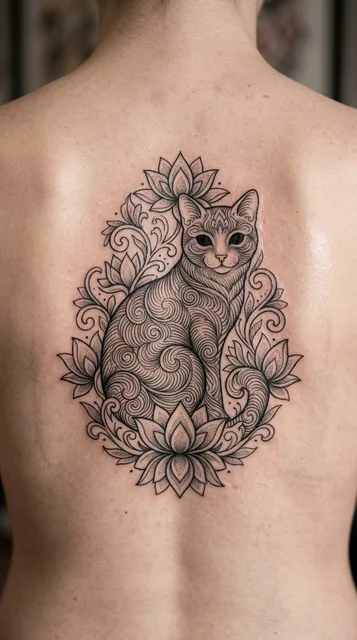 Black and grey ornamental cat tattoo on a woman's back