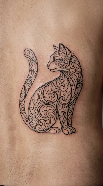 Black and grey ornamental cat tattoo on a man's back