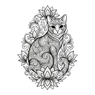 Black and grey ornamental cat tattoo design, drawn flat for a back tattoo