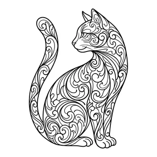 Black and grey ornamental cat tattoo design, drawn flat for a back tattoo