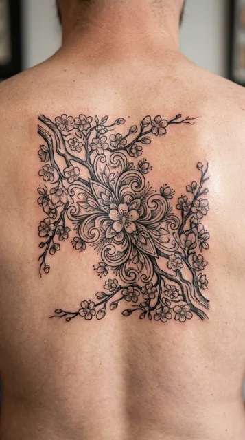 Black and grey ornamental cherry blossom tattoo on a man's back