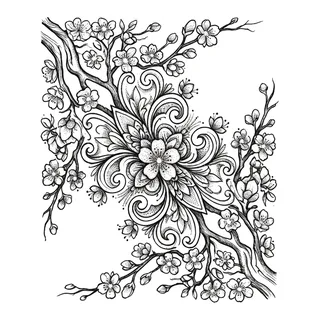 Black and grey ornamental cherry blossom tattoo design, drawn flat for a back tattoo