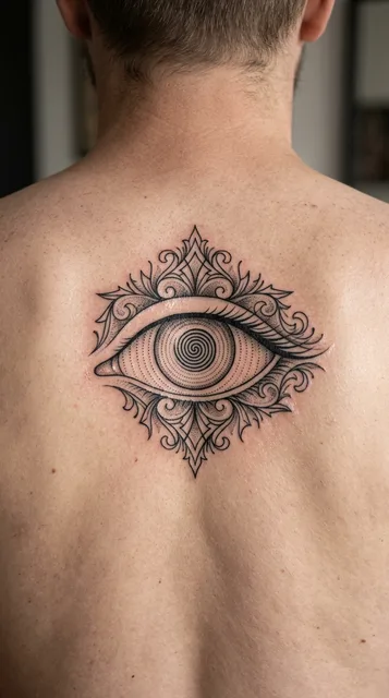 Black and grey ornamental eye tattoo on a man's back