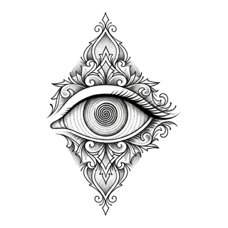 Black and grey ornamental eye tattoo design, drawn flat for a back tattoo