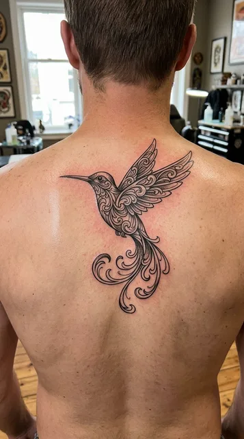 Black and grey ornamental hummingbird tattoo on a man's back