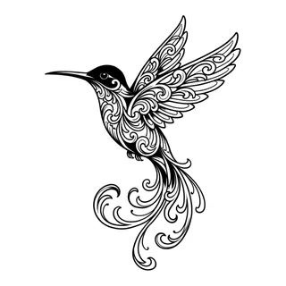 Black and grey ornamental hummingbird tattoo design, drawn flat for a back tattoo