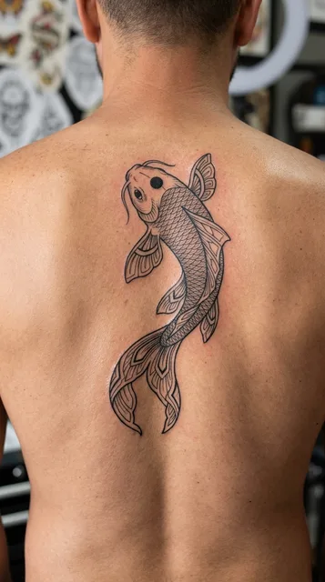 Black and grey ornamental koi tattoo on a man's back (1 of 2)