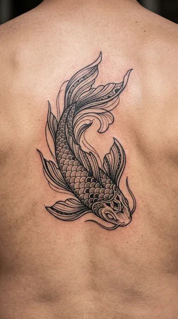 Black and grey ornamental koi tattoo on a man's back (2 of 2)