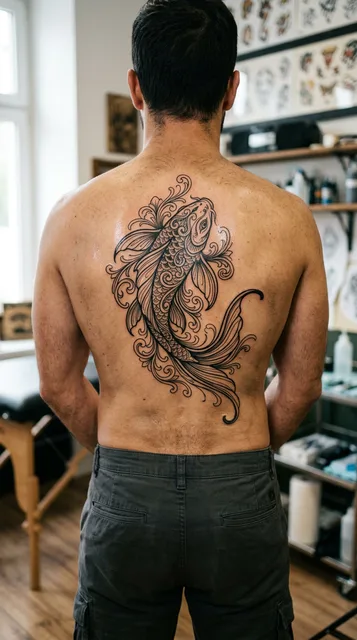 Black and grey ornamental koi fish tattoo on a man's back