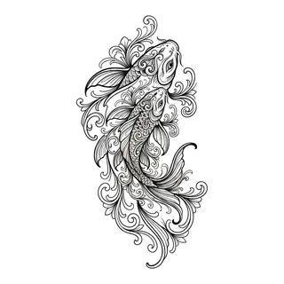 Black and grey ornamental koi fish tattoo design, drawn flat for a back tattoo