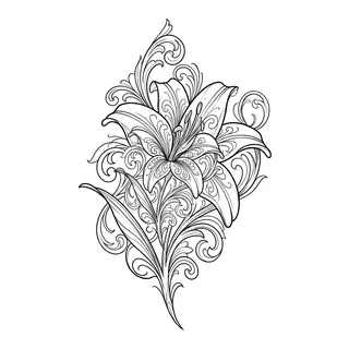 Black and grey ornamental lily tattoo design, drawn flat for a back tattoo