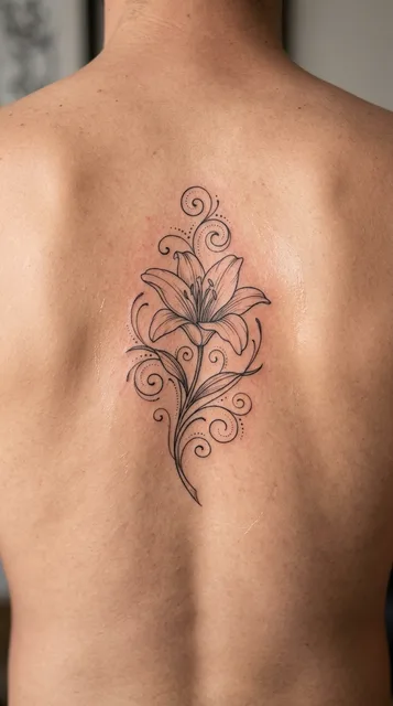 Black and grey ornamental lily tattoo on a man's back