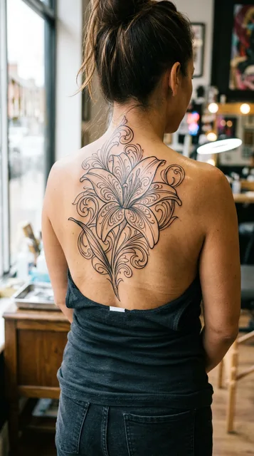 Black and grey ornamental lily tattoo on a woman's back