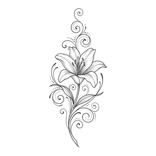 Black and grey ornamental lily tattoo design, drawn flat for a back tattoo