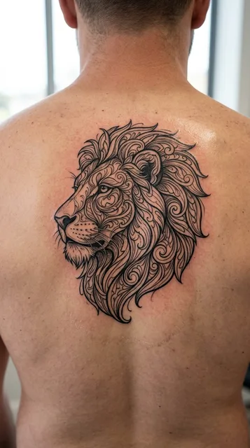 Black and grey ornamental lion tattoo on a man's back