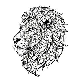 Black and grey ornamental lion tattoo design, drawn flat for a back tattoo
