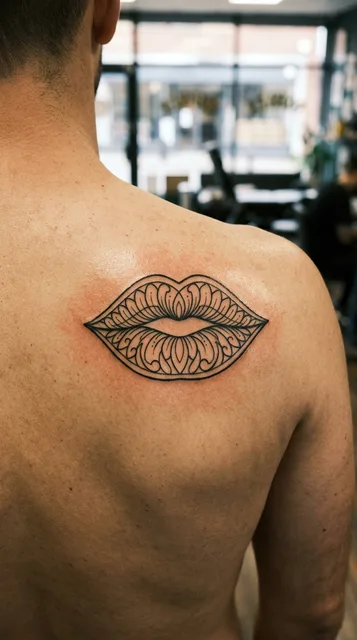 Black and grey ornamental lips tattoo on a man's back