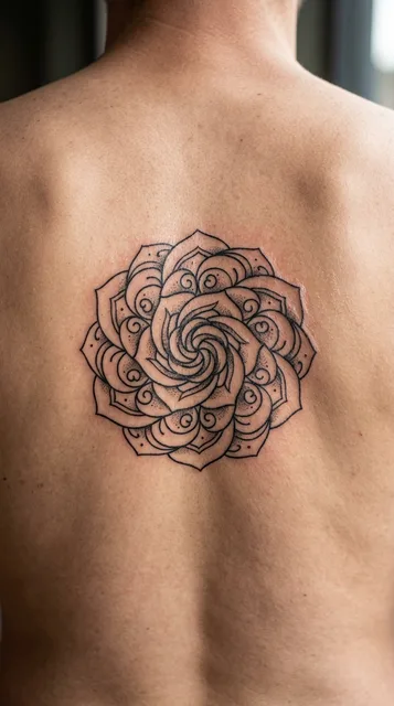 Black and grey ornamental mandala tattoo on a man's back (1 of 2)