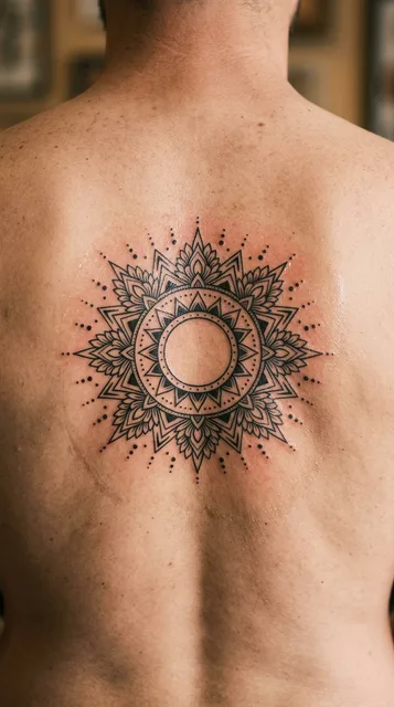 Black and grey ornamental mandala tattoo on a man's back (2 of 2)