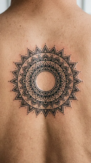 Black and grey ornamental mandala tattoo on a man's back (1 of 2)