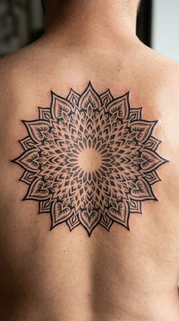 Black and grey ornamental mandala tattoo on a man's back (2 of 2)