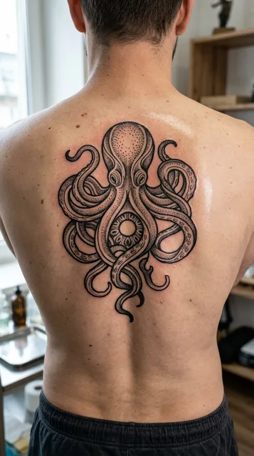 Black and grey ornamental octopus tattoo on a man's back