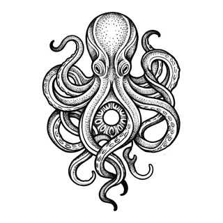Black and grey ornamental octopus tattoo design, drawn flat for a back tattoo