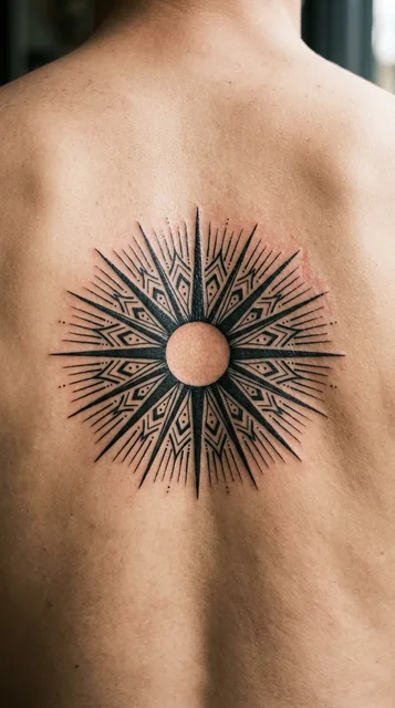 Black and grey ornamental sun tattoo on a man's back