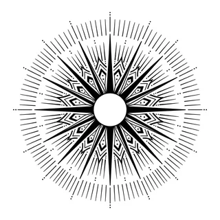 Black and grey ornamental sun tattoo design, drawn flat for a back tattoo