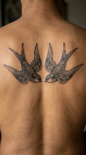 Black and grey ornamental swallow tattoo on a man's back