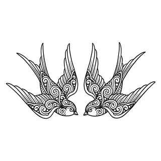 Black and grey ornamental swallow tattoo design, drawn flat for a back tattoo